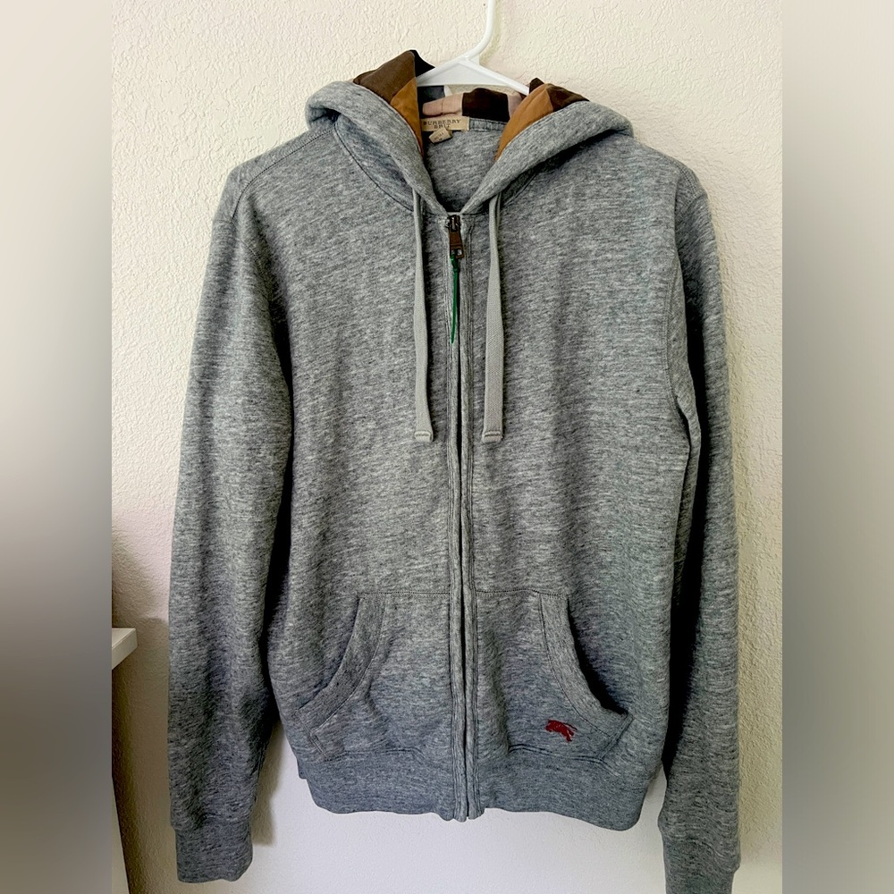 Burberry Brit Check Hoodie Cotton Zip Up Jacket Gray SZ MED Sweatshirt Logo EUC